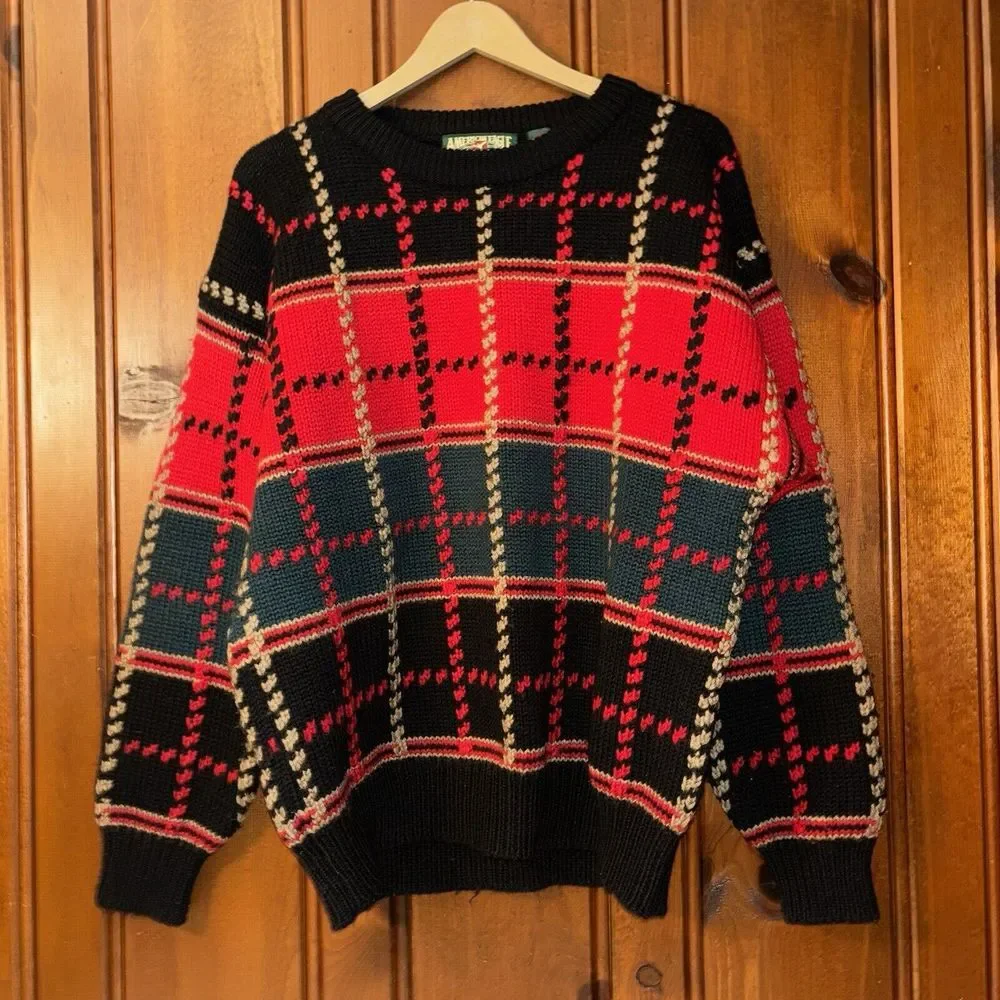 VTG 80s American Eagle Xmas Sweater Mens Large Red Green Black Plaid Chunky Wool